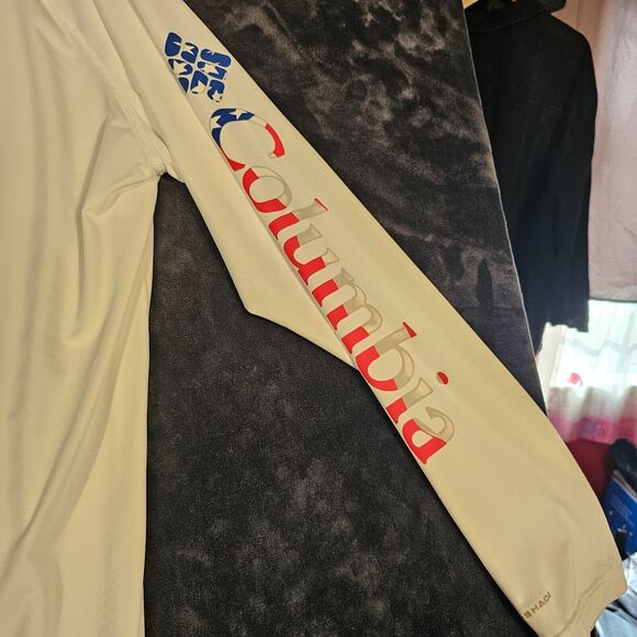 Columbia Mens Size 2XL Fishing Long Sleeve PFG White Crew Neck American Flag - Picture 2 of 7